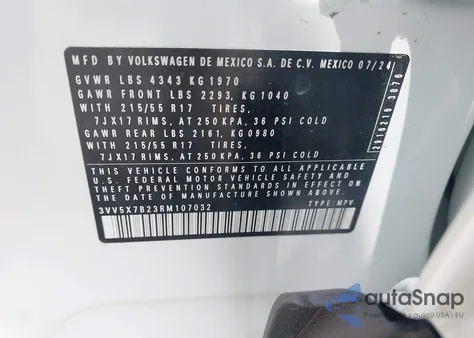 2024 Volkswagen Taos 1.5T S z USA, uszkodzony, nr VIN 3VV5X7B23RM107032